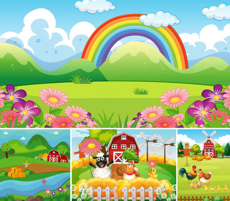 Set of different farm scenes with animal farm and rainbow cartoon style illustrationのイラスト素材