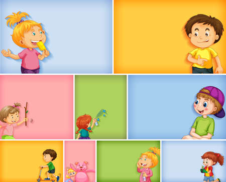 Set of different kid characters on different color background illustrationのイラスト素材