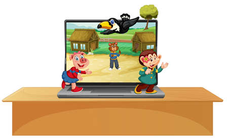 Cute animal on computer background illustrationのイラスト素材