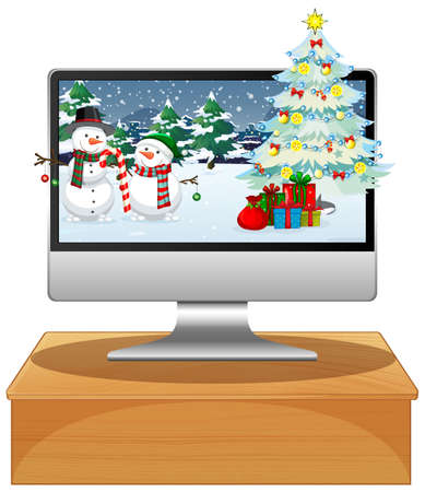 Computer on the table with xmas desktop background illustrationのイラスト素材