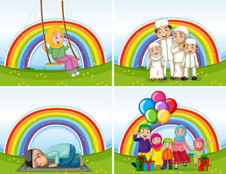 Set of arab muslim families in traditional clothing isolated on rainbow background illustrationのイラスト素材