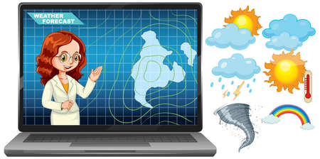 Anchorman reporting weather forecast on laptop screen with weather icon illustrationのイラスト素材