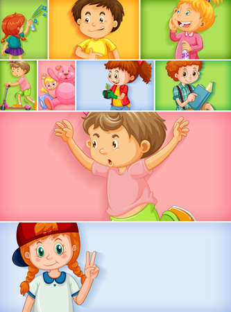 Set of different kid characters on different color background illustrationのイラスト素材