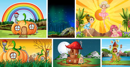 Six different scene of fantasy world with beautiful fairies in the fairy tale and pumpkin house village illustrationの写真素材