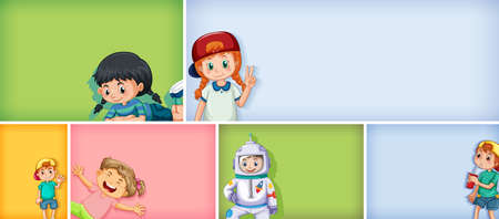 Set of different kid characters on different color background illustration