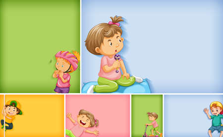 Set of different kid characters on different color background illustrationのイラスト素材