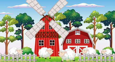Farm scene in nature with barn and windmill and sheeps illustrationのイラスト素材