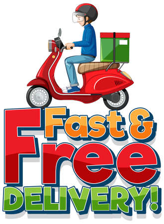 Fast and free delivery   with bikeman or courier illustrationのイラスト素材