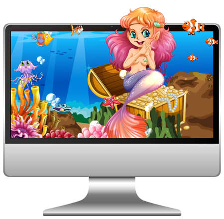 Mermaid on computer screen illustrationのイラスト素材