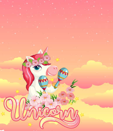Blank banner with cute unicorn in the pastel sky background illustrationのイラスト素材