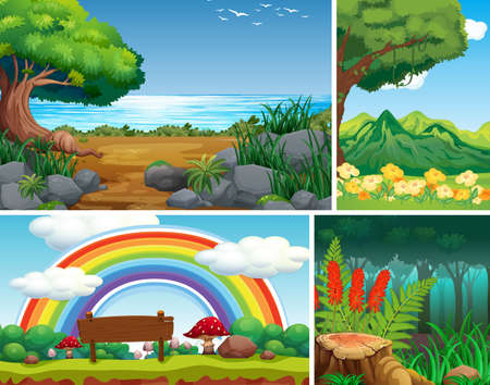 Four different nature scene of forest and wonderful garden cartoon style illustrationのイラスト素材