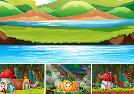 Four different scene of fantasy world with fantasy places such as pumpkin house and mushroom village illustrationのイラスト素材