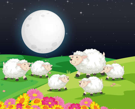 Farm scene with cute sheep at night illustrationのイラスト素材