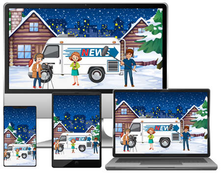 Announcer reporting weather forecast news on different electronic gadget screen isolated illustrationのイラスト素材