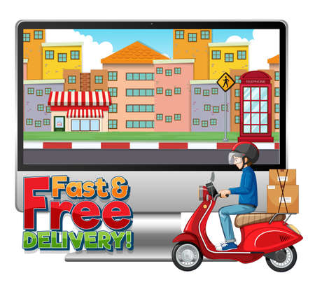 Computer with bike man or courier and fast and free delivery   illustrationのイラスト素材