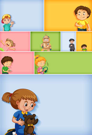 Set of different kid characters on different color background illustrationのイラスト素材