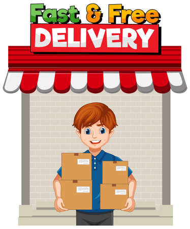 Fast and free   with deliver or courier man in blue uniform cartoon character illustrationのイラスト素材