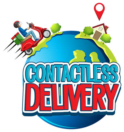 Contactless delivery   with bike man or courier illustrationのイラスト素材