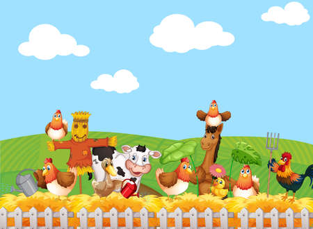 Farm scene with animal farm cartoon style illustrationのイラスト素材