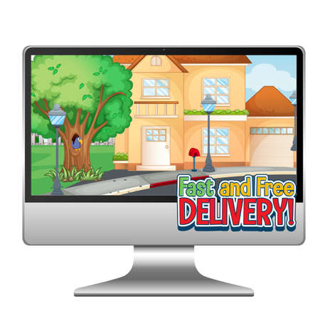 Computer with fast and free delivery   illustrationのイラスト素材