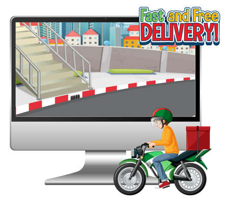 Computer with bikeman or courier and fast and free delivery   illustrationのイラスト素材