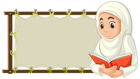 Arab muslim woman in traditional clothing with blank banner illustrationのイラスト素材