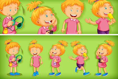 Set of different kid characters on green color background illustrationのイラスト素材