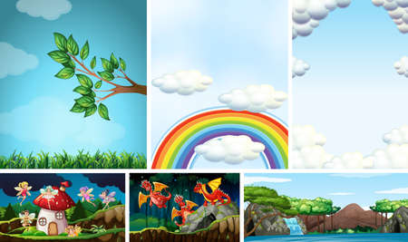 Six different scene of fantasy world with fantasy places and fantasy characters such as dragons and fairies illustrationのイラスト素材