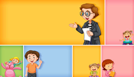 Set of different kid characters on different color background illustrationのイラスト素材