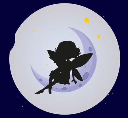 Fairy silhouette on the moon background illustrationのイラスト素材