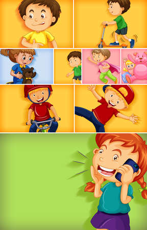 Set of different kid characters on different color background illustrationのイラスト素材