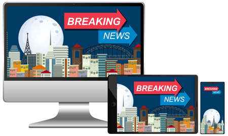 Set of breaking news on different electronic gadget screens isolated illustrationのイラスト素材
