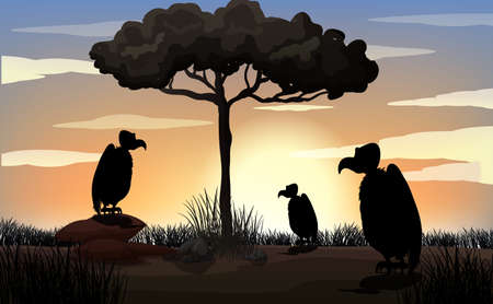 Outdoor nature silhouette sunset scene illustrationのイラスト素材