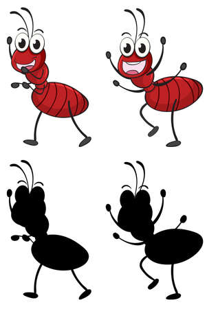 Set of insect cartoon character and its silhouette on white background illustrationのイラスト素材