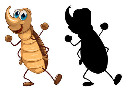 Set of insect cartoon character and its silhouette on white background illustrationのイラスト素材