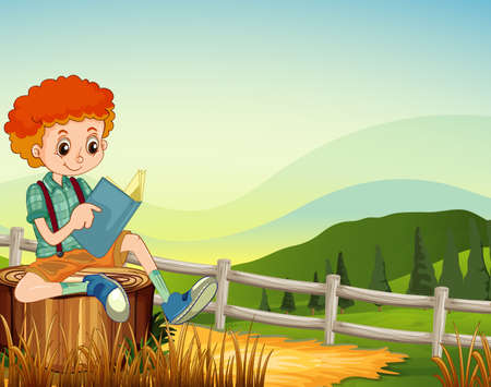 Boy sitting reading book in the farm scene illustrationのイラスト素材