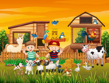 Farm in nature scene with animal farm illustrationのイラスト素材