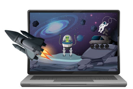 Computer with space scene illustration