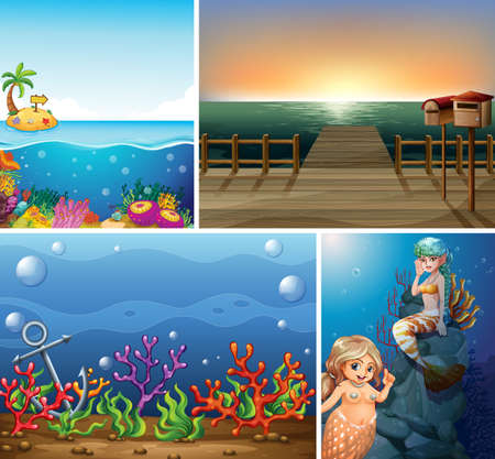 Set of sea scene illustrationのイラスト素材