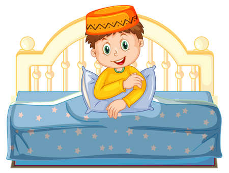 Arab muslim boy in traditional clothing sitting on a bed isolated on white background illustrationのイラスト素材
