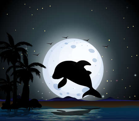 Dolphin in nature scene silhouette illustrationのイラスト素材