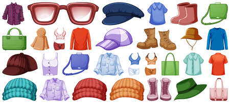 Set of fashion outfits and accessories on white background illustrationのイラスト素材