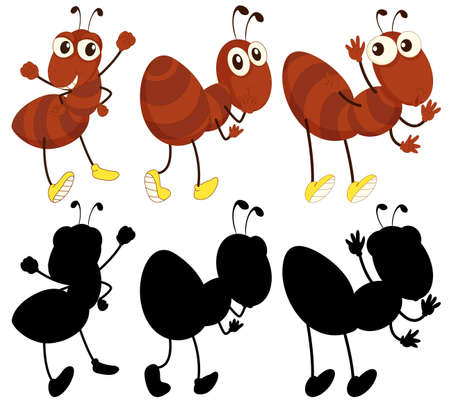 Set of insect cartoon character and its silhouette on white background illustrationのイラスト素材
