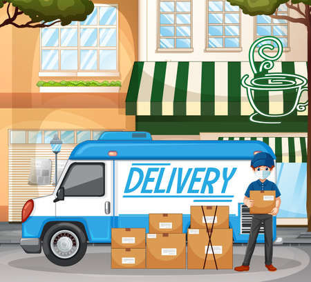 Delivery man or courier stand by delivery van with packages illustrationのイラスト素材