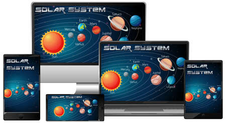 Set of electronic devices with solar system on screen illustration