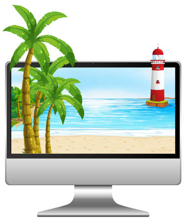 Computer on the table with beach on screen illustrationのイラスト素材