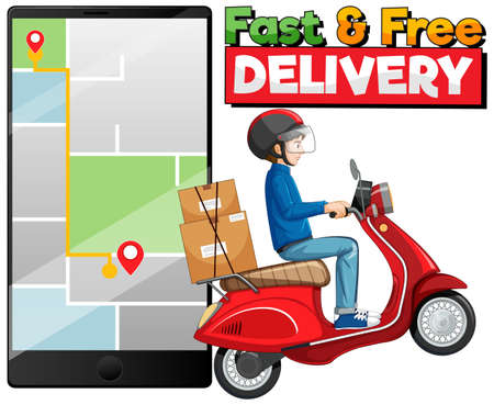 Fast and free delivery  with bike man or courier illustrationのイラスト素材