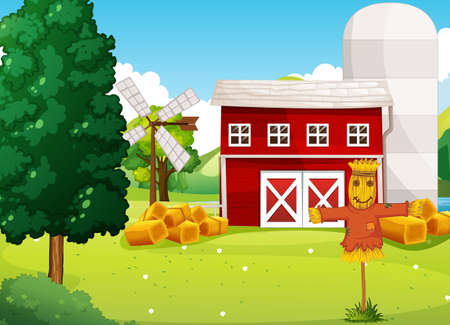 Farm scene in nature with farm factory and scarecrow illustrationのイラスト素材