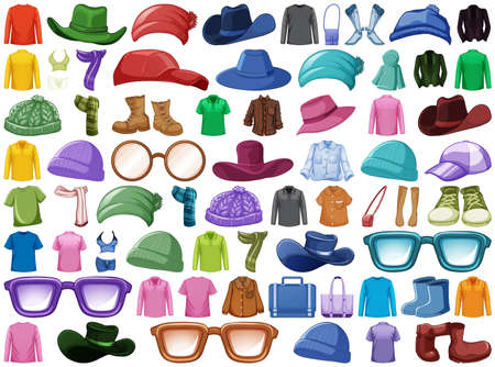 Set of fashion outfits and accessories on white background illustrationのイラスト素材