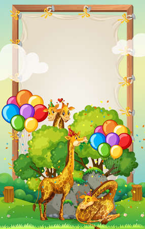 Canvas wooden frame template with giraffes in party theme on forest background illustrationのイラスト素材